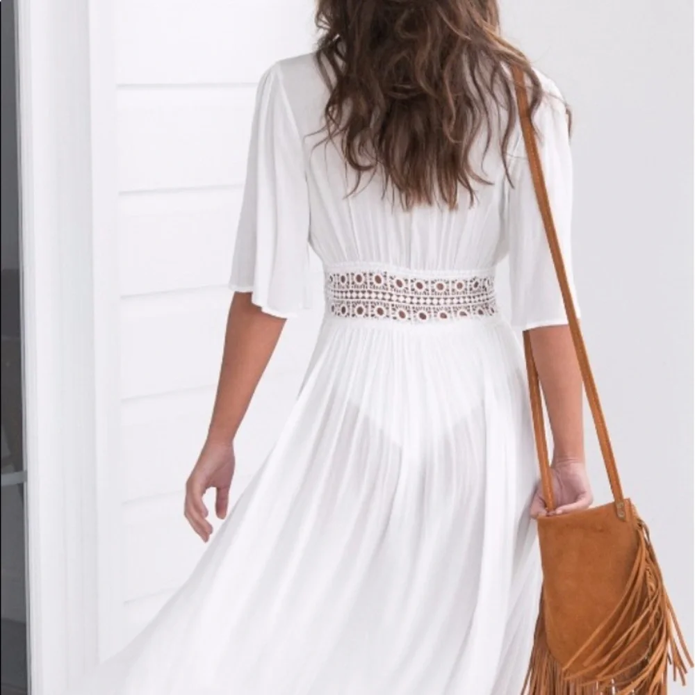 Boho beach dress coverup white crochet kimono top - Picture 3 of 7